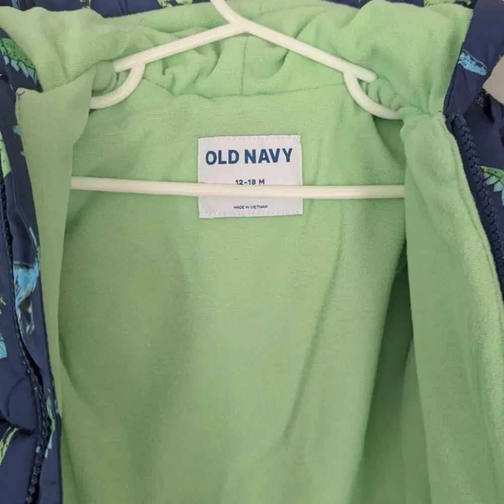 NWT Old Navy Blue Dinosaur Hooded Puffer Jacket Coat size 12-18 months